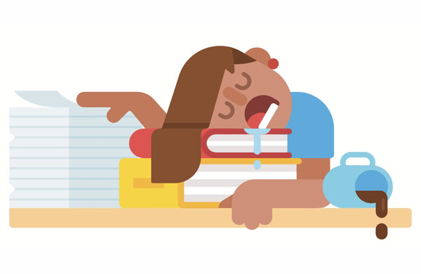 Mary has fallen asleep on top of her books.