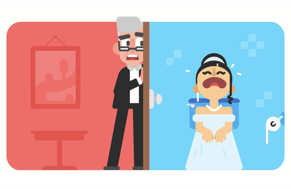 The bride is crying in the bathroom before the wedding.