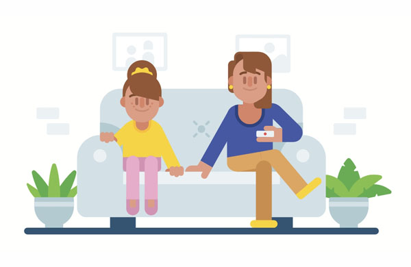 Our favorite TV series starts at 7. Mia and her mom are relaxing on the sofa. After work, Mom likes to relax by sitting on the couch and watching a movie.  Come and sit right here with us. The movie is about to start.