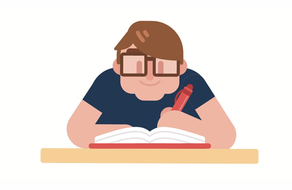 Tom wrote everything down in his workbook.  He looks happy because he is successful in his studies.