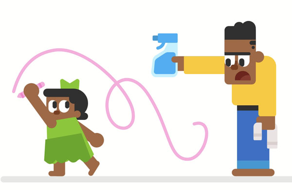 Emma, stop drawing there! Use this water and a towel to clean up the wall.