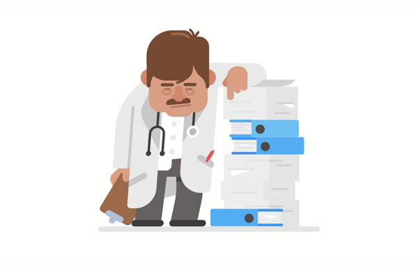 Doctor Smith is exhausted from reading and writing so many medical forms.