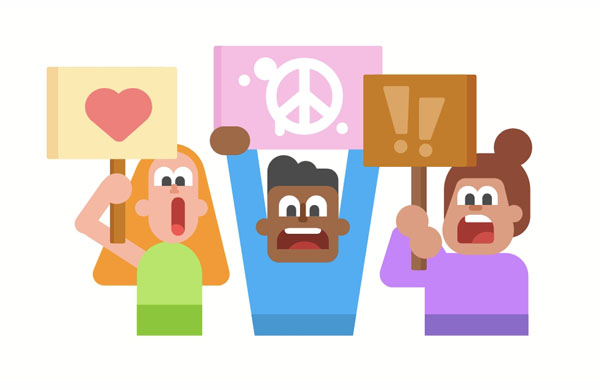 The people were holding signs that said «Love, not war!»