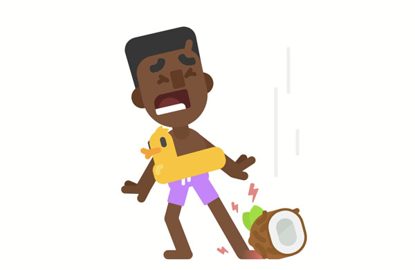 A coconut fell on Ben’s foot, and now his foot is hurt.