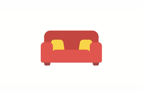 When we read, we always sit on the red sofa with two yellow cushions.